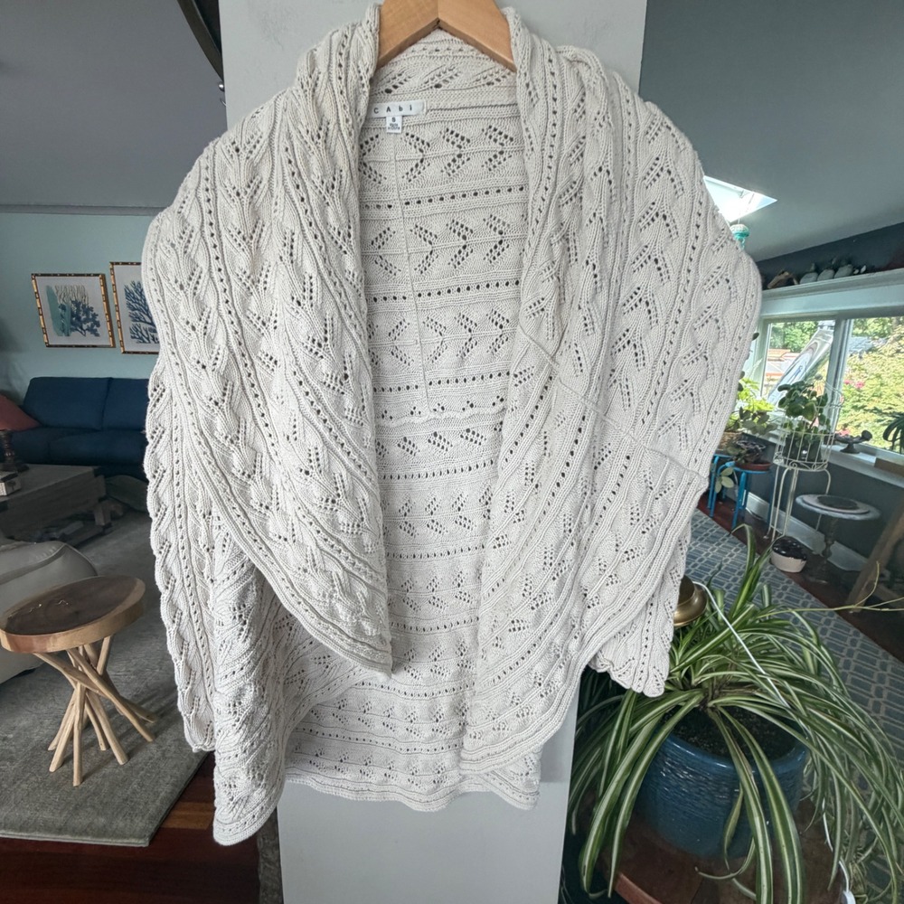 Cabi Cardigan Women S Cream Boho Cotton Pointelle Cable Knit Shawl Boho Sweater